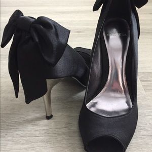 Carvela Black Satin Bow, Peep Toe, Chrome Heel